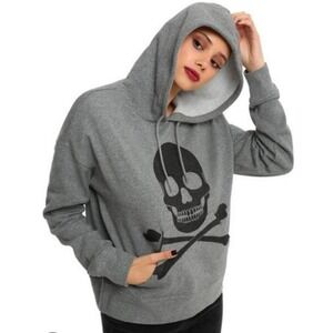 Womens Gray Skull‎ And Crossbones Graphic Pullover Hoodie Sweatshirt M